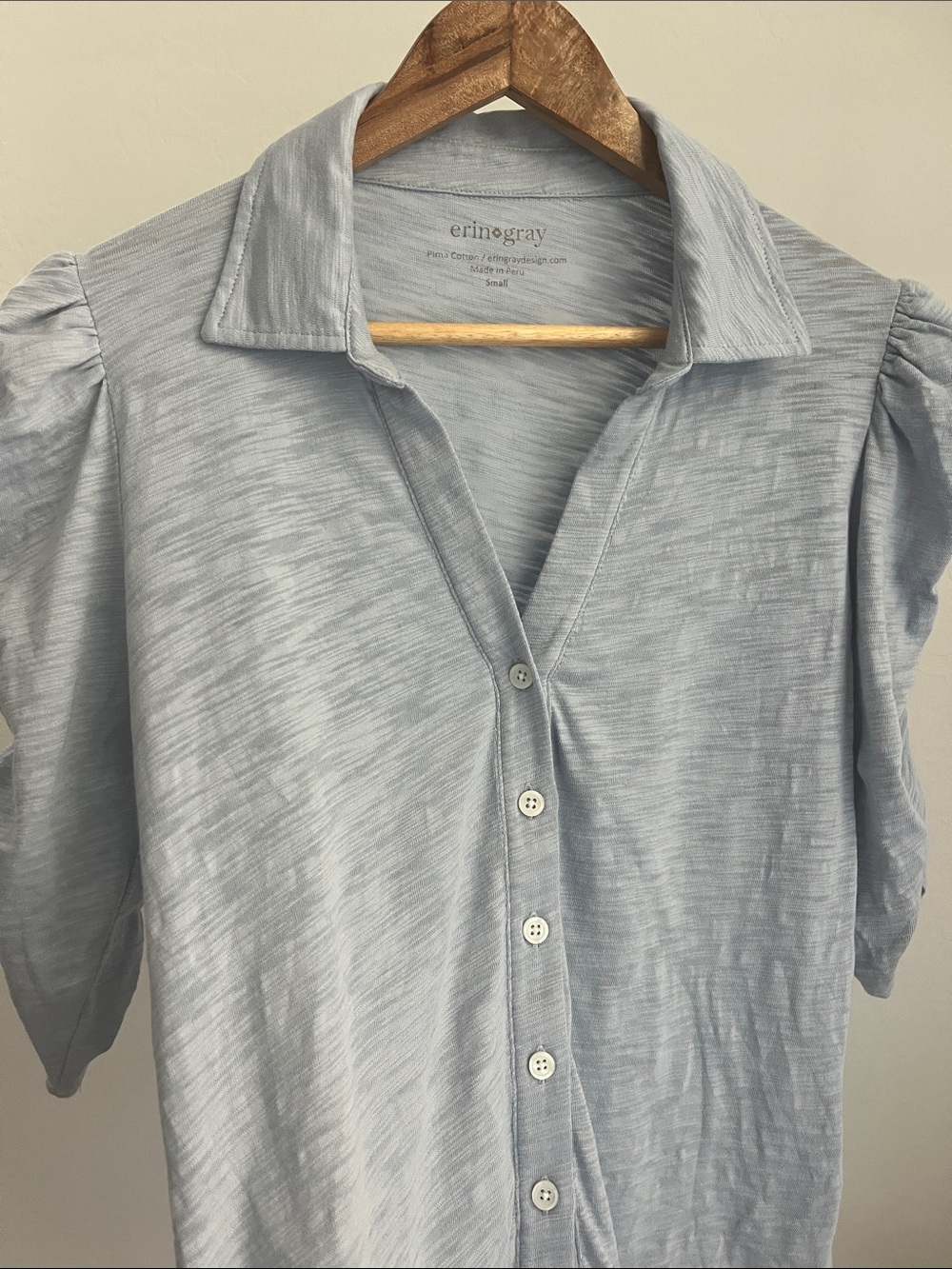 Erin Gray Designs Light Blue Button-Up Elbow Length Shirt Small Pima Cotton